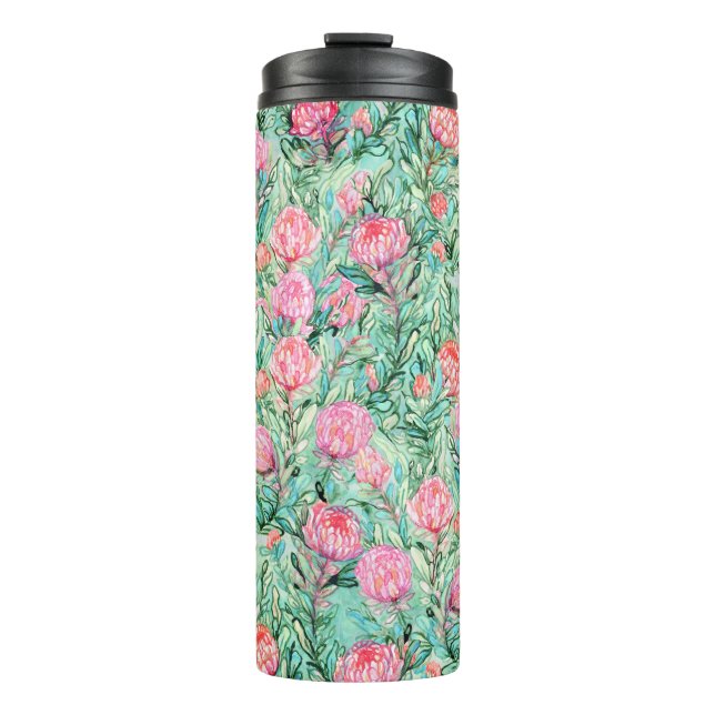 Rosa Blume, Salbei grün, nahtlos. Thermosbecher (Vorderseite)