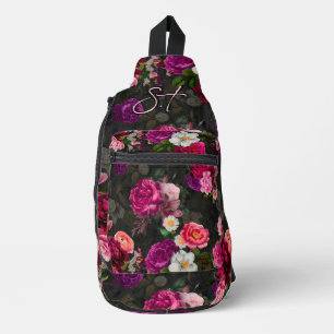 Rosa Blume, schwarz, bedruckt Crossbody Bag