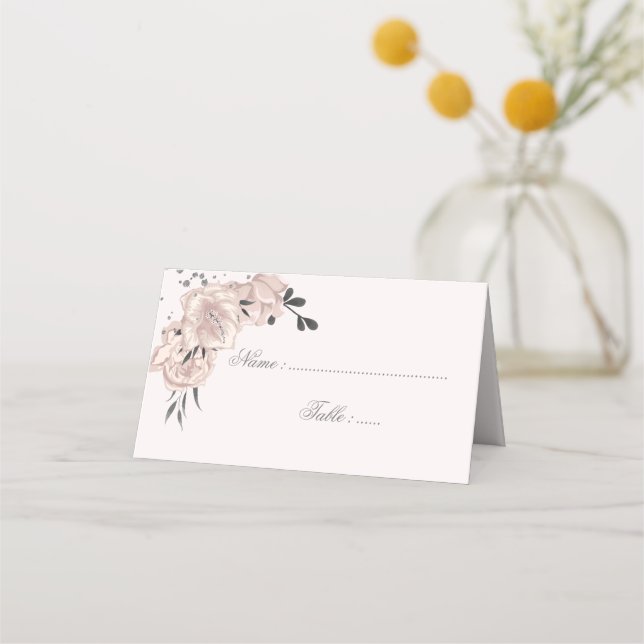 Rosa Blume, schwarz, Blätter und Blätter Platzkarte (Vorderseite)