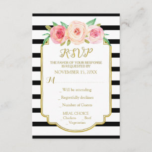Rosa Blume Schwarz-weiße Streifen Hochzeitssache R RSVP Karte