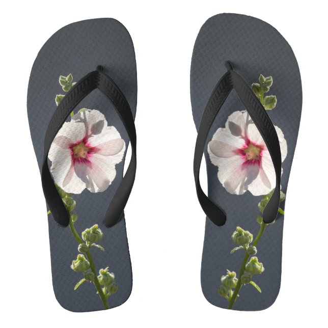 Rosa Blume Schwarze grüne Blätter auf dunkelgrau Flip Flops (Fußbett)