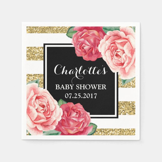 Rosa Blume Schwarze Streifen Kinderdusche Serviette (Vorderseite)