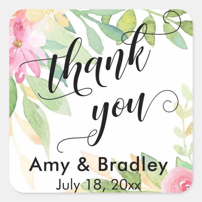 Rosa Blume Script Danke Personalisierte Hochzeit Quadratischer Aufkleber (Vorderseite)