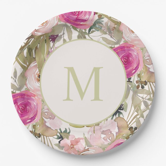 Rosa Blume Skalieren Grüne Blätter Monogramm erste Pappteller (Vorderseite)