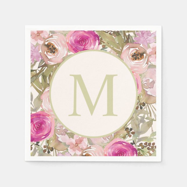 Rosa Blume Skalieren Grüne Blätter Monogramm erste Serviette (Vorderseite)