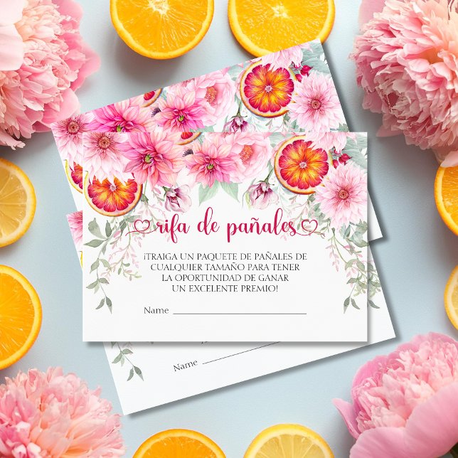 Rosa Blume Spanische Windelwanne Kinderdusche Begleitkarte (Citrus & Pink Watercolor Flowers baby shower Spanish diaper raffle enclosure cards)