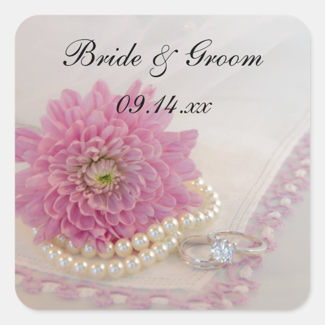 Rosa Blume, Spitzen und Rings Hochzeiten Umschlag  Quadratischer Aufkleber (Vorderseite)