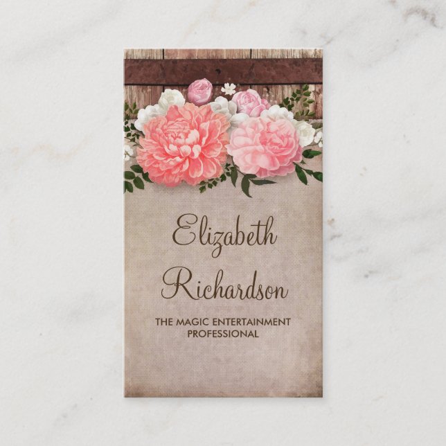 Rosa Blume Stall | Holz und Vintage Burlap Shabby Visitenkarte (Vorderseite)
