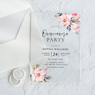 Rosa Blume Sweet Quinceanera Party Acryleinladungen