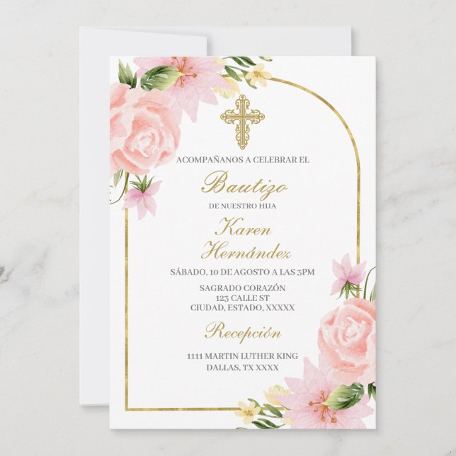 Rosa Blume Taufe Spanisch Einladung (Vorderseite)