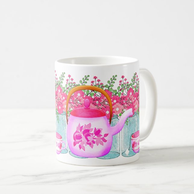 Rosa Blume Teapot - Elegantes Blumendesign für Hot Kaffeetasse (VorderseiteRechts)