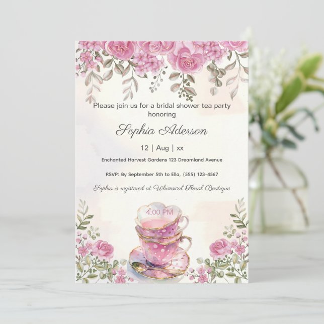 Rosa Blume Tee-Party-Brautparty Einladung (Stehend Vorderseite)