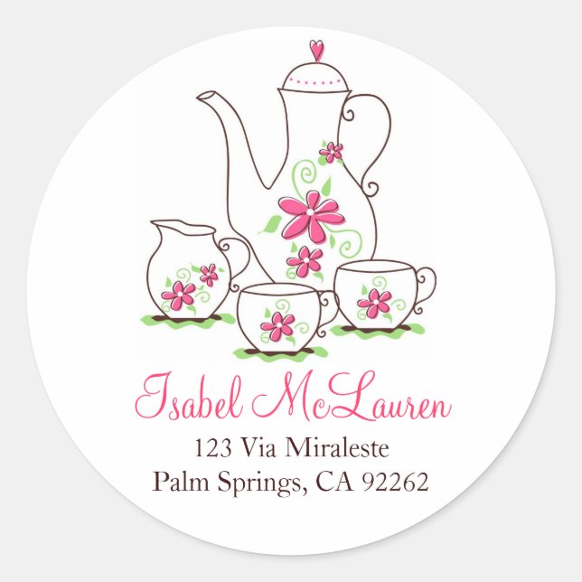 Rosa Blume Tee-Set-Adressetiketten Runder Aufkleber (Vorderseite)