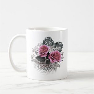 Rosa Blume Tropische Blätter Kaffeetasse