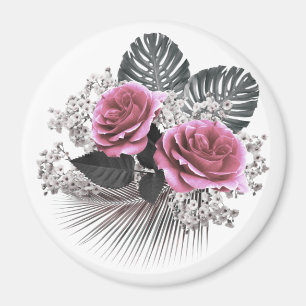 Rosa Blume Tropische Blätter Magnet