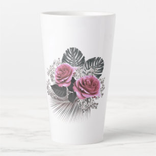Rosa Blume Tropische Blätter Milchtasse