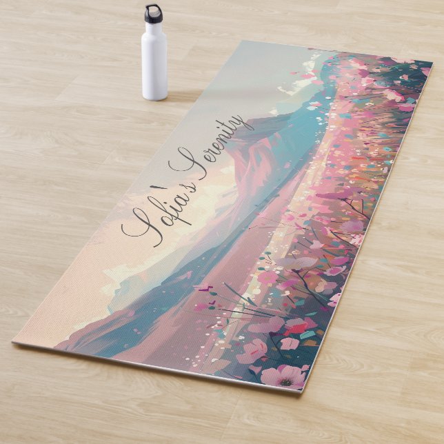 Rosa Blume und Berge künstlerisch gezeichnet Yogamatte (Beispiel)