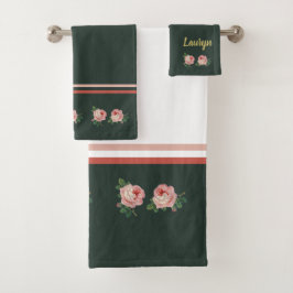 Rosa Blume und Blätter auf dunkelgrün Badhandtuch Set