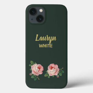 Rosa Blume und Blätter auf dunkelgrün Case-Mate iPhone Hülle