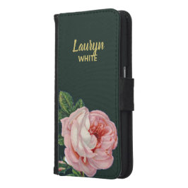 Rosa Blume und Blätter auf dunkelgrün Geldbeutel Hülle Für Das Samsung Galaxy S6