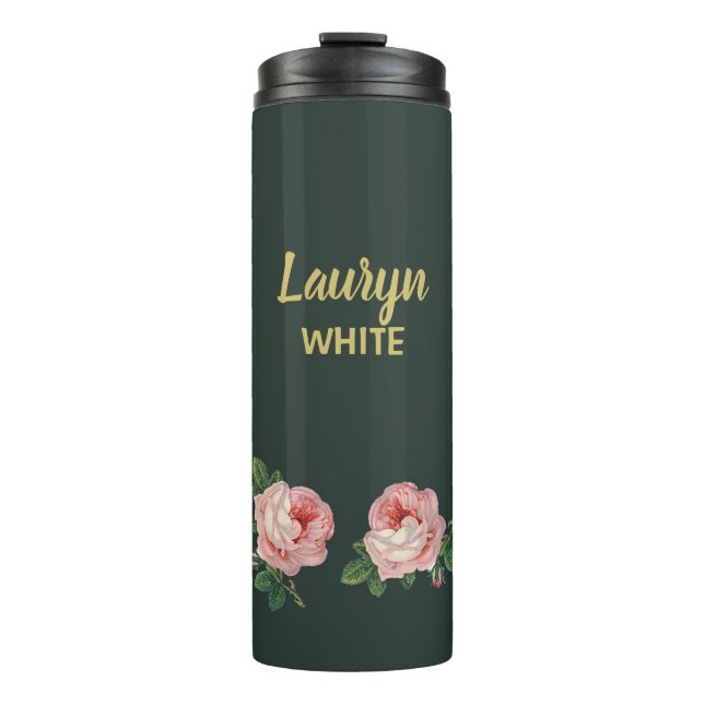 Rosa Blume und Blätter auf dunkelgrün Thermosbecher (Vorderseite)