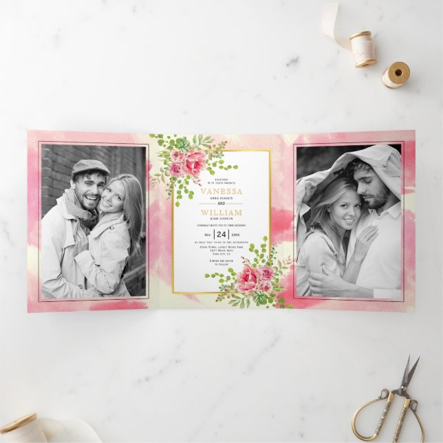 Rosa Blume und Blätter Frühling Blumen Hochzeit Dreifach Gefaltete Einladung (Innenseite)