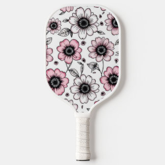 Rosa Blume und Blätter skizzieren Pickleball Schläger