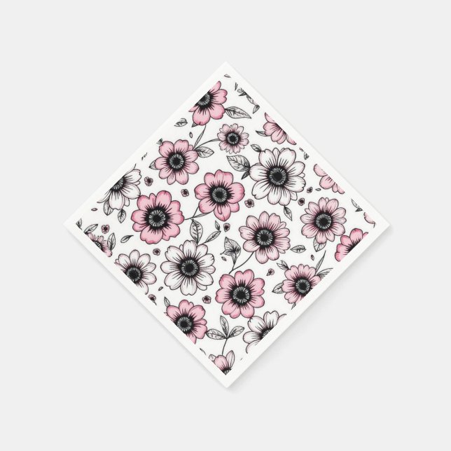 Rosa Blume und Blätter skizzieren Serviette (Ecke)