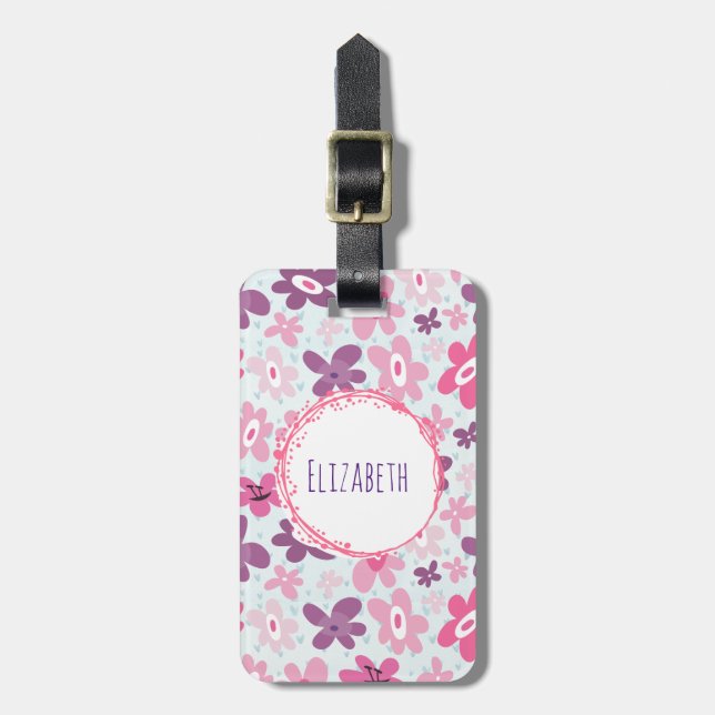 Rosa Blume und blaue Herzen Niedlich Whimsical Gepäckanhänger (Vorderseite vertikal)