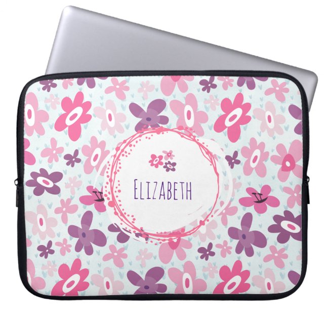 Rosa Blume und blaue Herzen Niedlich Whimsical Laptopschutzhülle (Vorderseite)