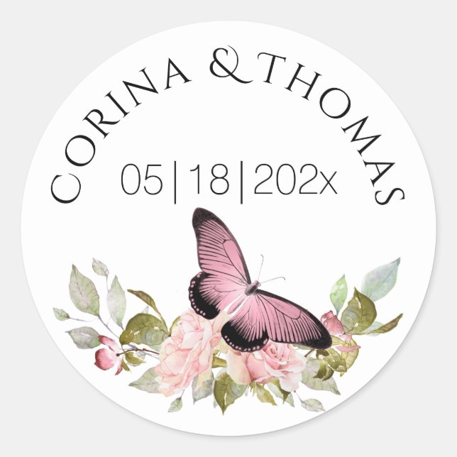 Rosa Blume und Butterfly-Hochzeit Runder Aufkleber (Vorderseite)