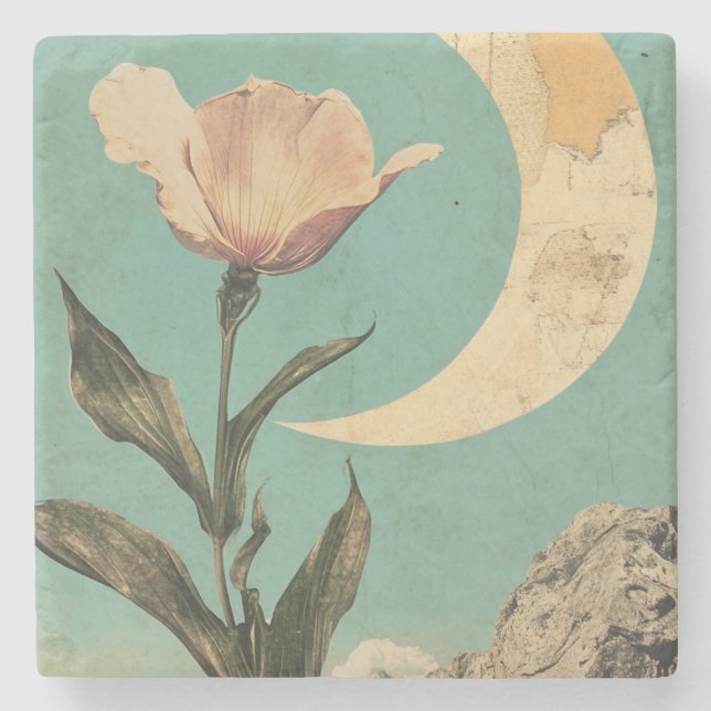 Rosa Blume und Crescent Moon Steinuntersetzer (Vorderseite)