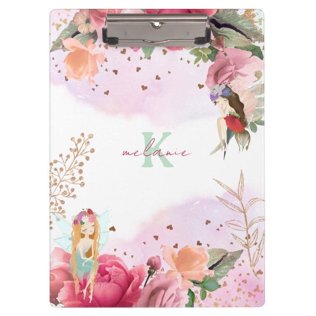 Rosa Blume und Fairies Mädchen bearbeitbar Klemmbrett (Vorderseite)