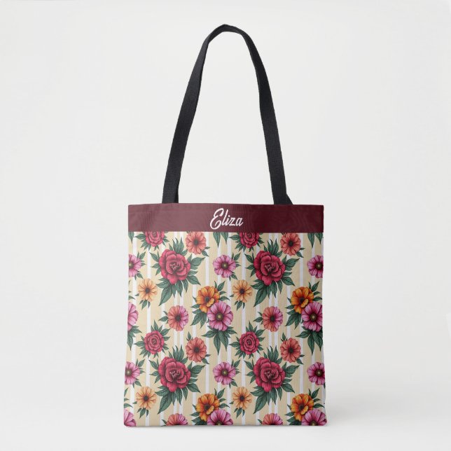 Rosa Blume und Gold auf Tan Strips Tasche (Vorderseite)