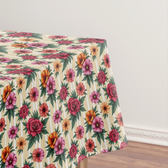 Rosa Blume und Gold auf Tan Strips Tischdecke (Beispiel)