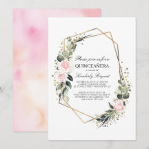 Rosa Blume und goldene Confetti Quinceanera