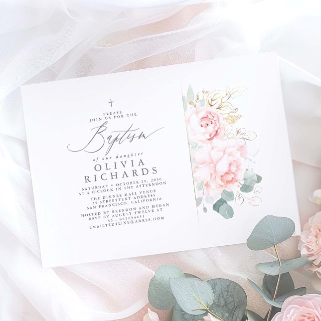Rosa Blume und goldene Grünpflanzen Blätter Taufe Einladung (Pink Floral Elegant Baptism Invitations)