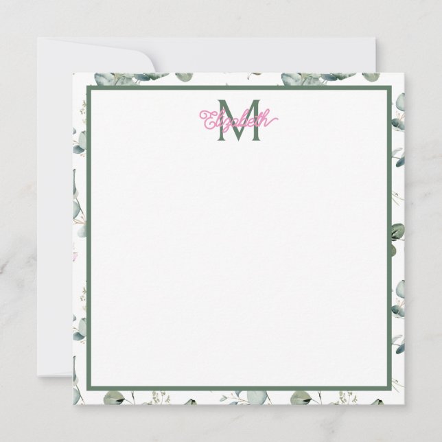 Rosa Blume und grüne Blätter auf weißer Monogramm Mitteilungskarte (Vorderseite)