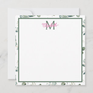 Rosa Blume und grüne Blätter auf weißer Monogramm Mitteilungskarte