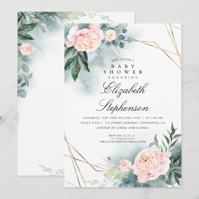Rosa Blume und Grünpflanzen Elegante Babydusche Einladung (Vorne/Hinten)