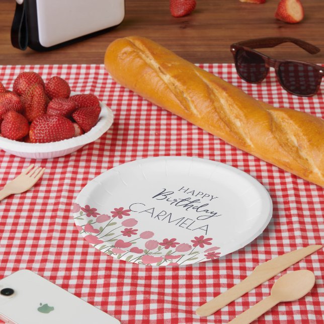 Rosa Blume und Herz Geburtstagsparty Pappteller (Picknick)