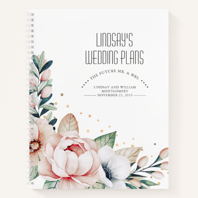 Rosa Blume und Hochzeitspläne für Konfetti Notizbuch (Vorderseite)