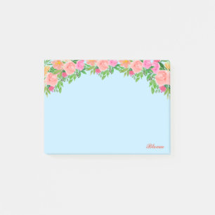 Rosa Blume und Kalligraphie in hellblau Post-it Klebezettel