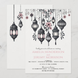 Rosa Blume und Lanterns Details Hochzeit Einladung