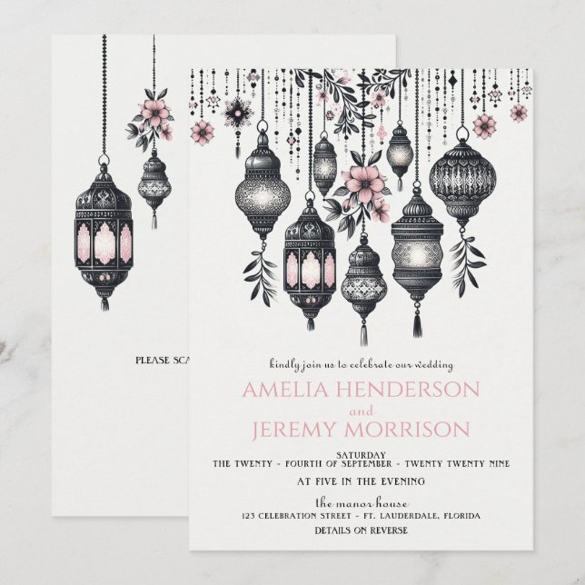 Rosa Blume und Laternen QR Code Hochzeit Einladung (Vorne/Hinten)