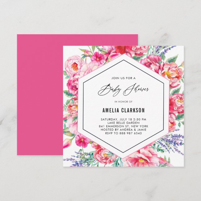 Rosa Blume und Lavendel-Babydusche Einladung (Vorne/Hinten)