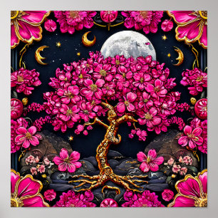 Rosa Blume und Mond Poster