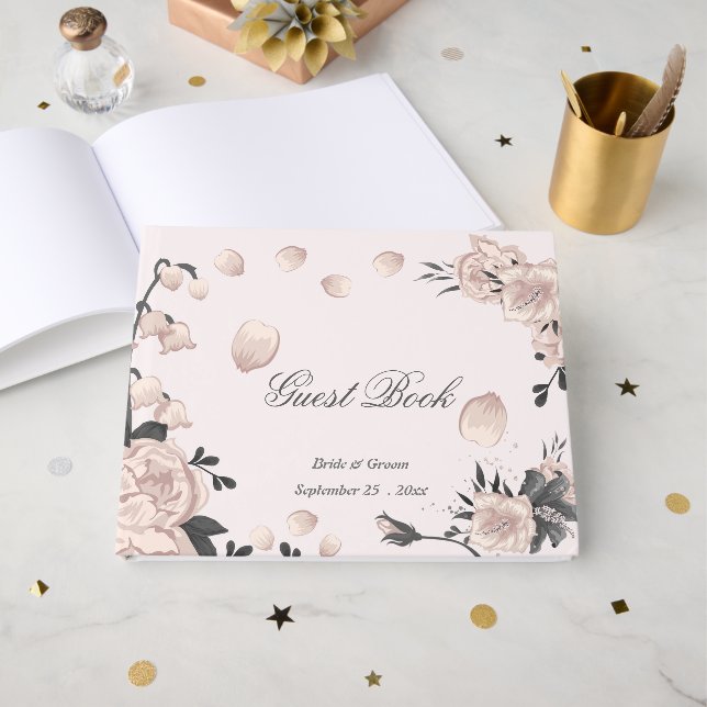 Rosa Blume und niedliche Blütenblätter Gästebuch (Vorderseite Offen)