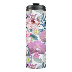 Rosa Blume und Orchideen. Thermosbecher