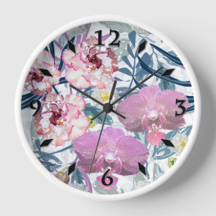 Rosa Blume und Orchideen. Uhr